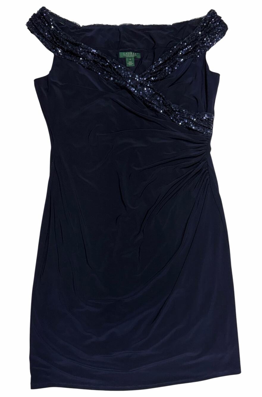 Lauren Ralph Lauren Evening Navy Blue Sequin Off Shoulder Cocktail Mini Dress 18
